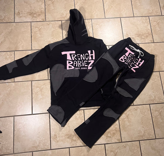 Black/grey stacked patch sweatsuit