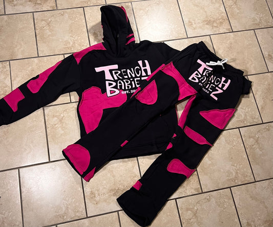 Black/pink stacked patch sweatsuit